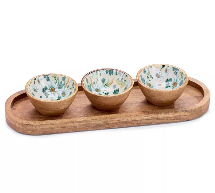 FLORAL MANGO WOOD DIP BOWL SET